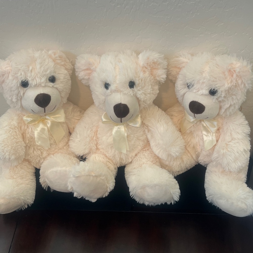 Lot of 3 Fluffy Cream Teddy Bears with Bow